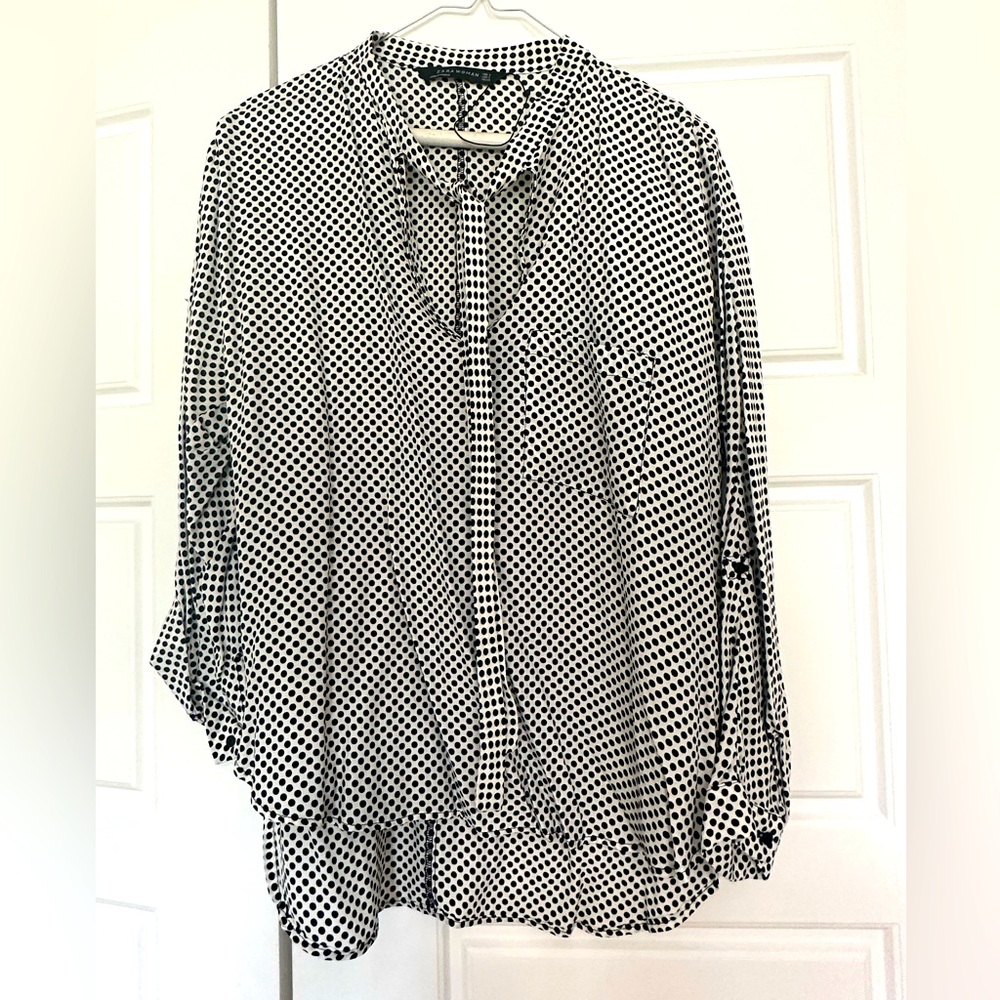 Zara B&W Polka Dot Tie Neck Bouse